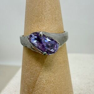 RS Covenant Silver Tone Ring with Large Oval Purple Crystal Stone Statement Ring